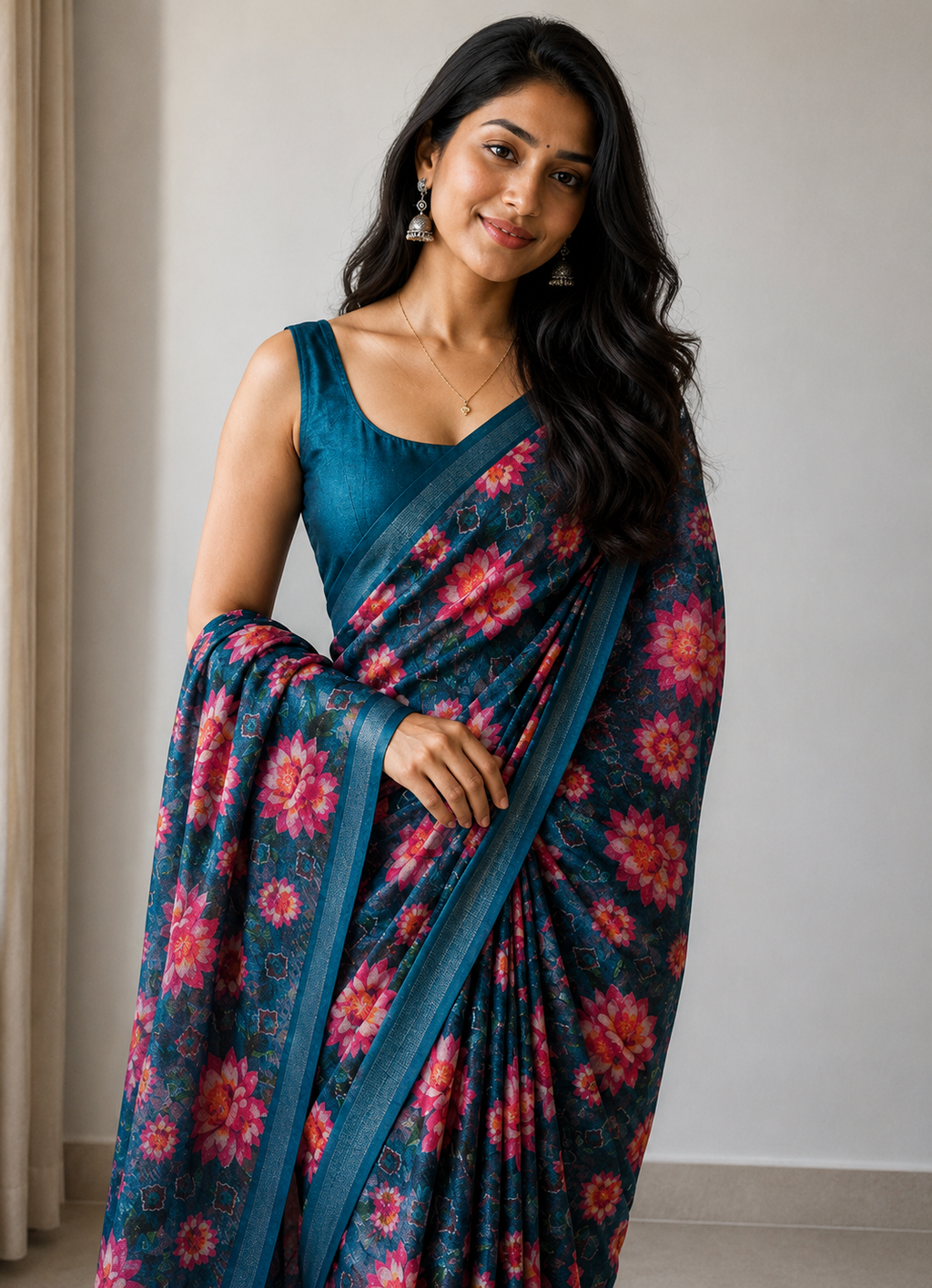A woman modeling a dark teal blue saree with a vibrant pink and red floral pattern, paired with a matching solid teal blue sleeveless blouse, set against a neutral indoor background.