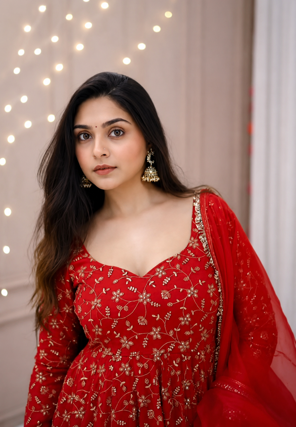 A woman wearing a red traditional outfit with gold floral embroidery and a matching sheer red dupatta, photographed indoors against a softly lit background with string lights.