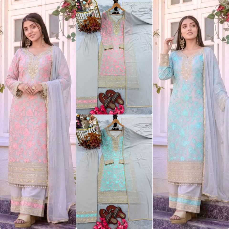 A collage showing a traditional Indian salwar kameez suit in two color options: light pink and light blue. The image features a model wearing the pink suit on the left, a central vertical panel showing the pink suit laid flat with accessories, and a model wearing the blue suit on the right, with a central panel showing the blue suit laid flat.