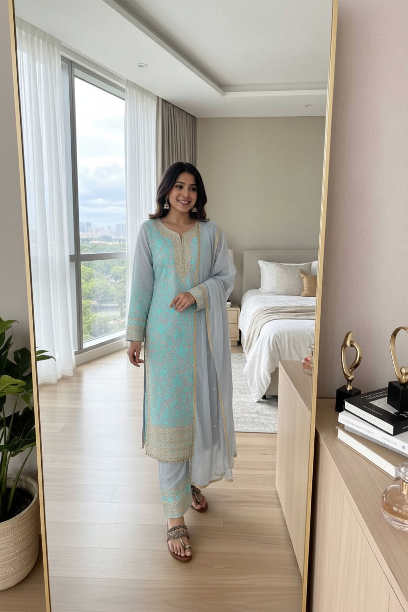 A woman takes a mirror selfie in a modern bedroom, wearing a light blue and gray three-piece traditional outfit with gold embroidery.