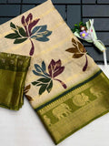 Traditional saree with leaf patterns and elephant design on a white background