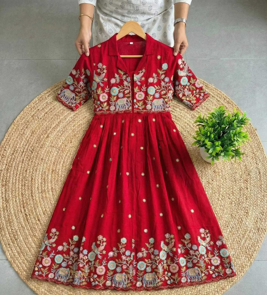 Naarira Shrug Style Vichitra Silk Embroidered Gown
