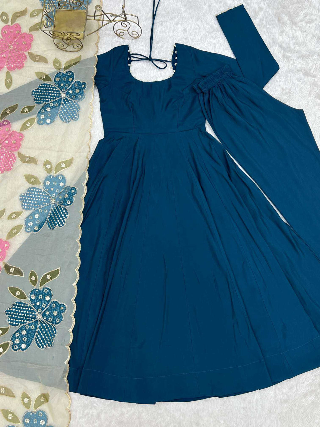 Naarira Tealblue Heavy Roman Silk Anarkali Gown