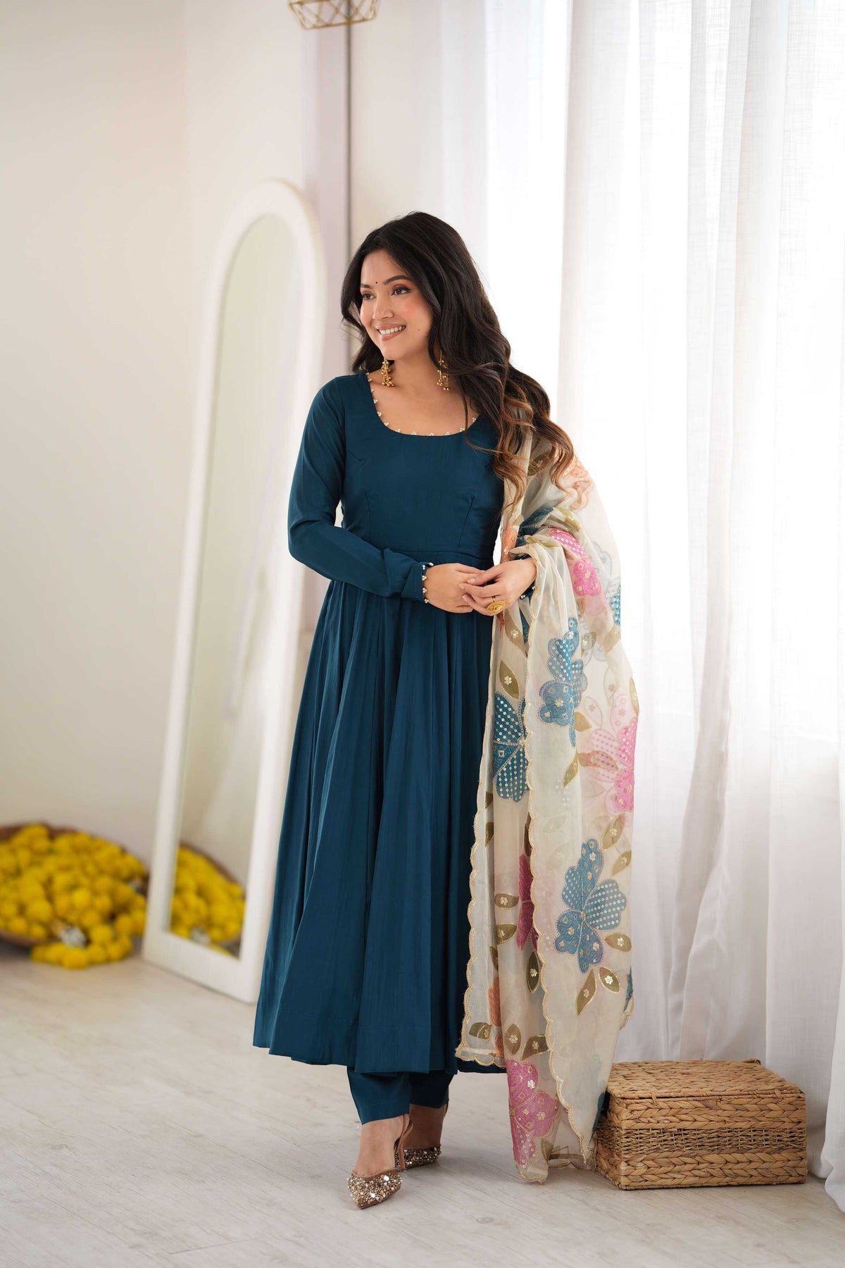 Naarira Tealblue Heavy Roman Silk Anarkali Gown