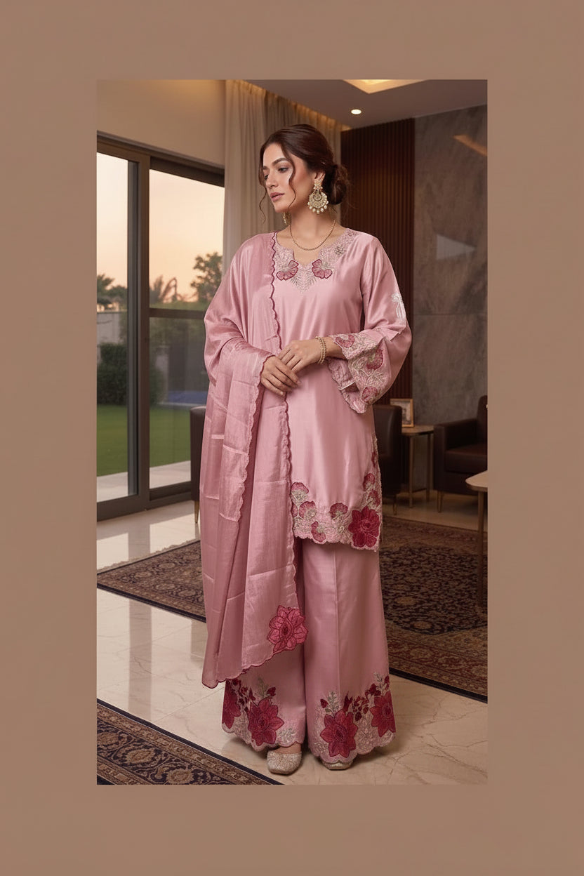 Woman wearing a pink traditional outfit with floral embroidery, standing in a well-lit room.