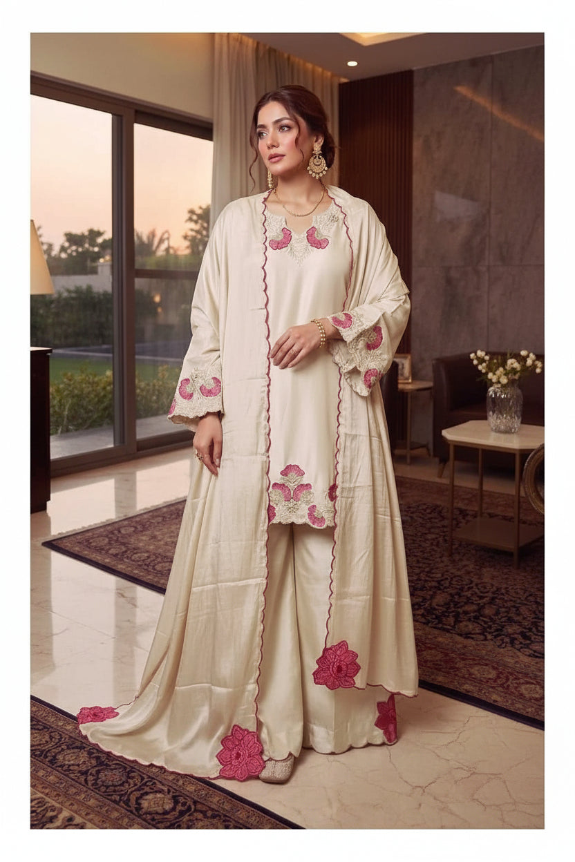 Woman wearing a cream-colored traditional outfit with pink floral patterns indoors.
