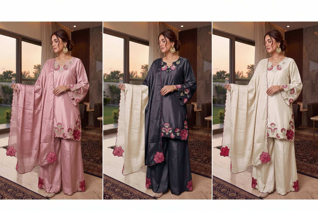 Four women modeling traditional embroidered salwar kameez sets in pink, cream, black, and white, shown side-by-side with labels HF-804 A through HF-804 D. The bottom features the Hoor Tex logo.