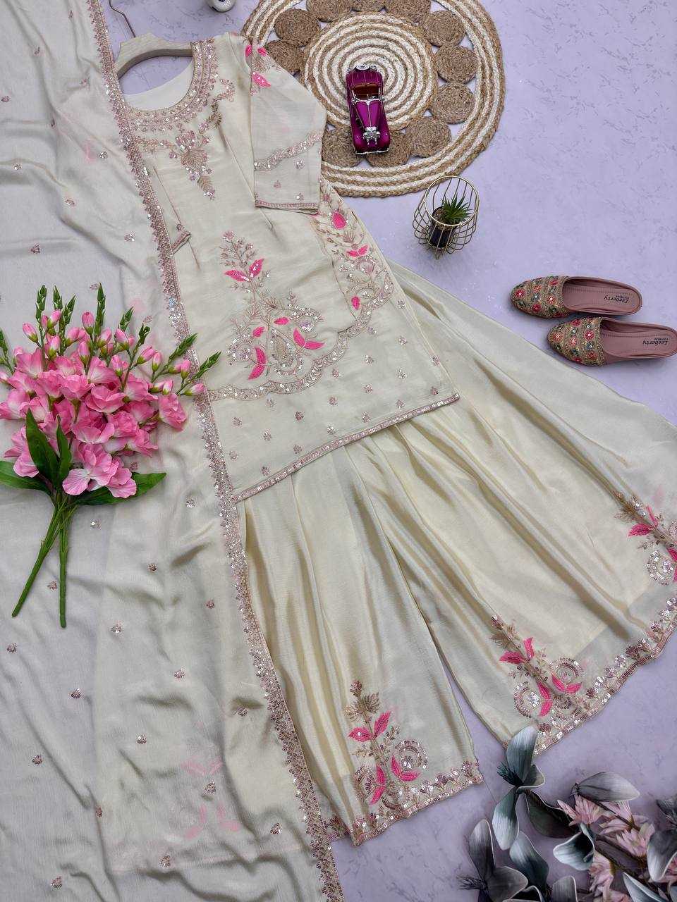 Naarira Chinon Silk Embroidered Suit