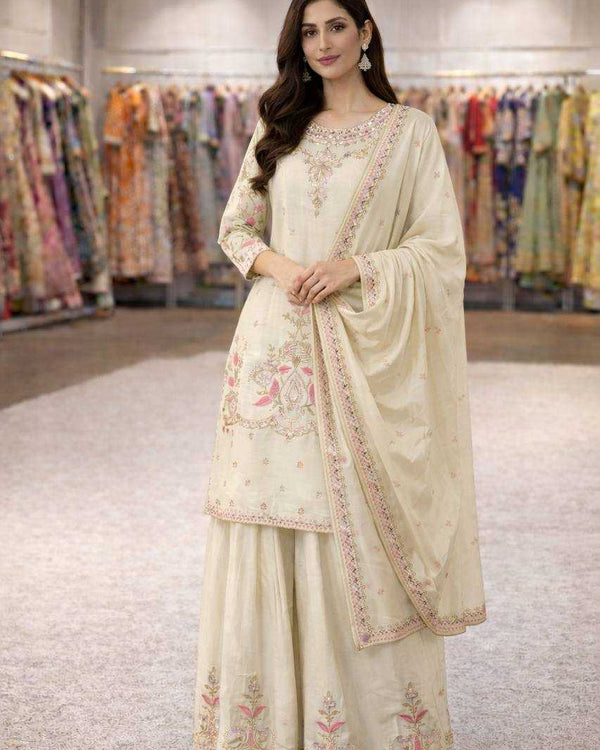 Naarira Chinon Silk Embroidered Suit