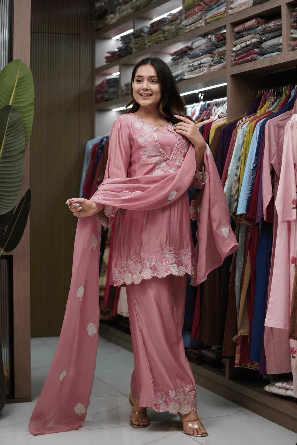 Woman in a pink traditional outfit standing in a clothing store.