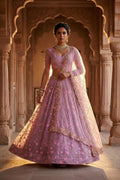 Woman in a traditional pink and gold embroidered outfit standing in an ornate architectural setting.