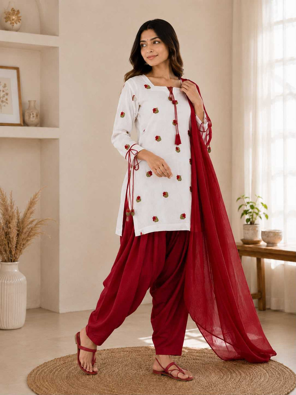 A woman models a traditional Indian salwar kameez suit in a bright, modern room. The outfit consists of a white long-sleeve tunic with red and gold embroidery, paired with deep red palazzo pants and a matching red dupatta.