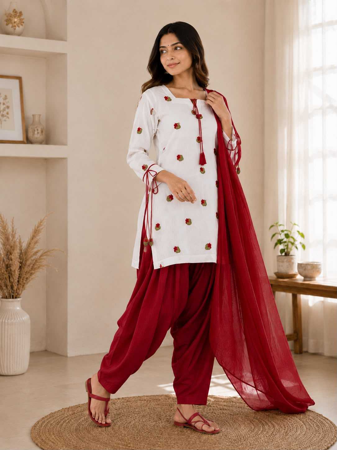 A woman models a traditional Indian salwar kameez suit in a bright, modern room. The outfit consists of a white long-sleeve tunic with red and gold embroidery, paired with deep red palazzo pants and a matching red dupatta.