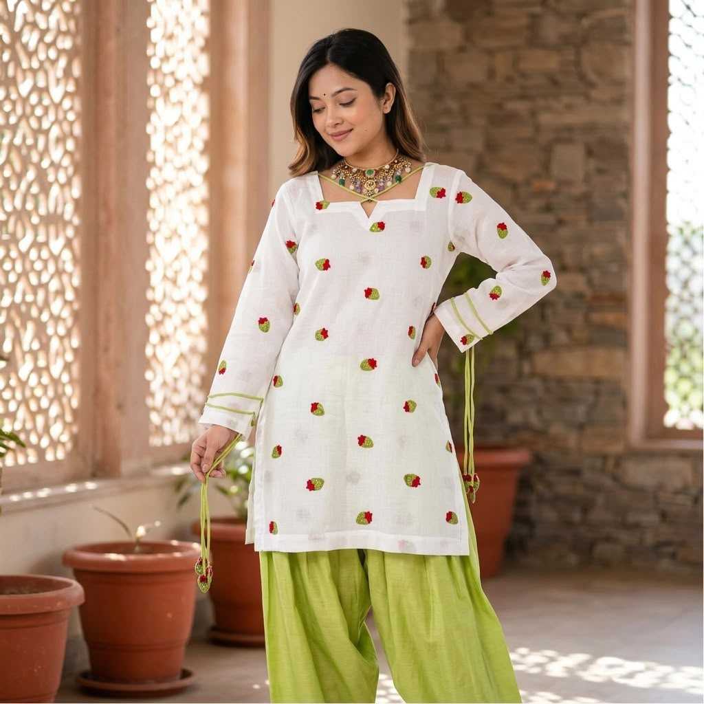 A woman models a white long-sleeve kurta decorated with small red and green strawberry motifs, paired with lime green pants, standing in a sunlit courtyard with stone walls and potted plants.