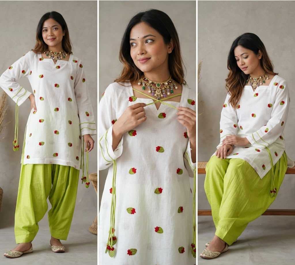 Three-panel photo of a woman modeling a white kurta with small red and green embroidered motifs, paired with bright lime green pants, against a plain indoor backdrop.