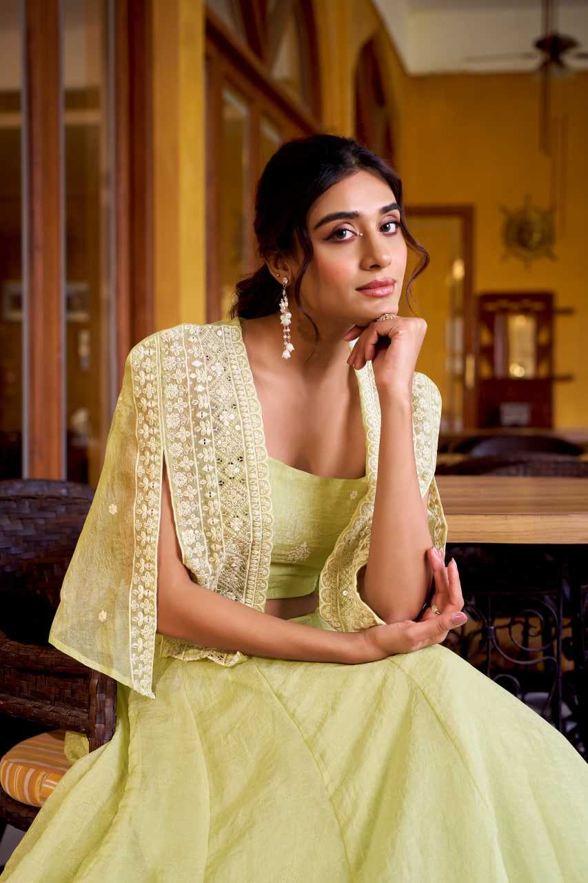Woman in a light green traditional outfit with a yellow background