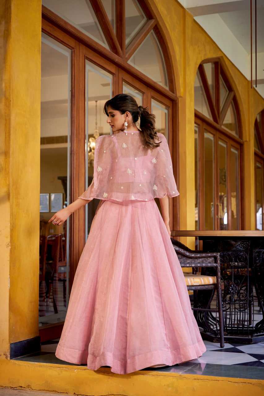 Woman in a pink traditional outfit standing in a room with wooden walls and chairs.
