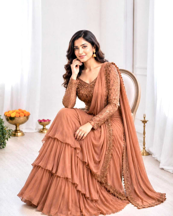 Naarira Faux Georgette Designer Lehenga Brown