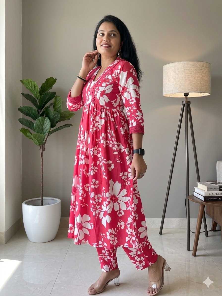Woman wearing a pink floral dress standing in a room with a plant and lamp.