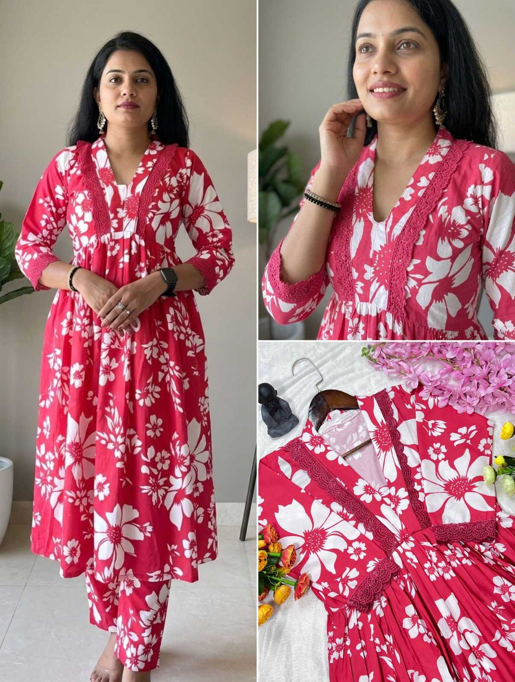 Woman wearing a pink floral dress with close-up details in a collage format.