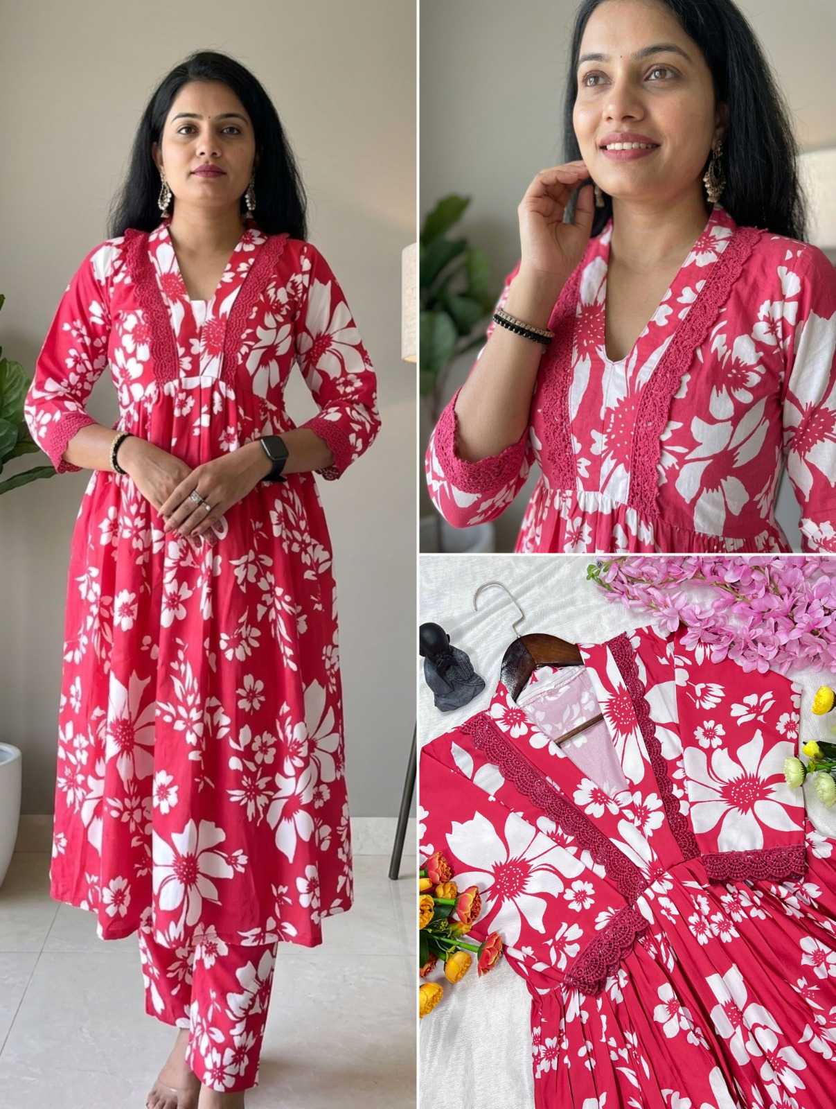 Woman wearing a pink floral dress with close-up details in a collage format.