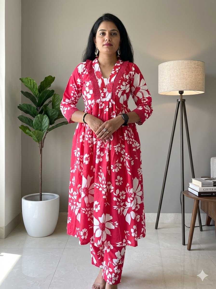 Woman wearing a red floral dress standing in a room with a plant and lamp.