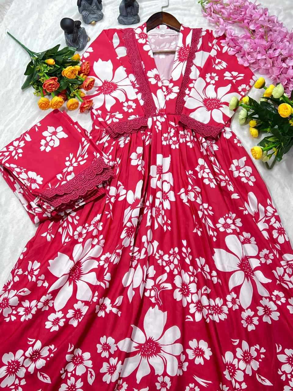 Red and white floral dress with matching top on a white background