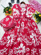 Red and white floral dress with matching top on a white background