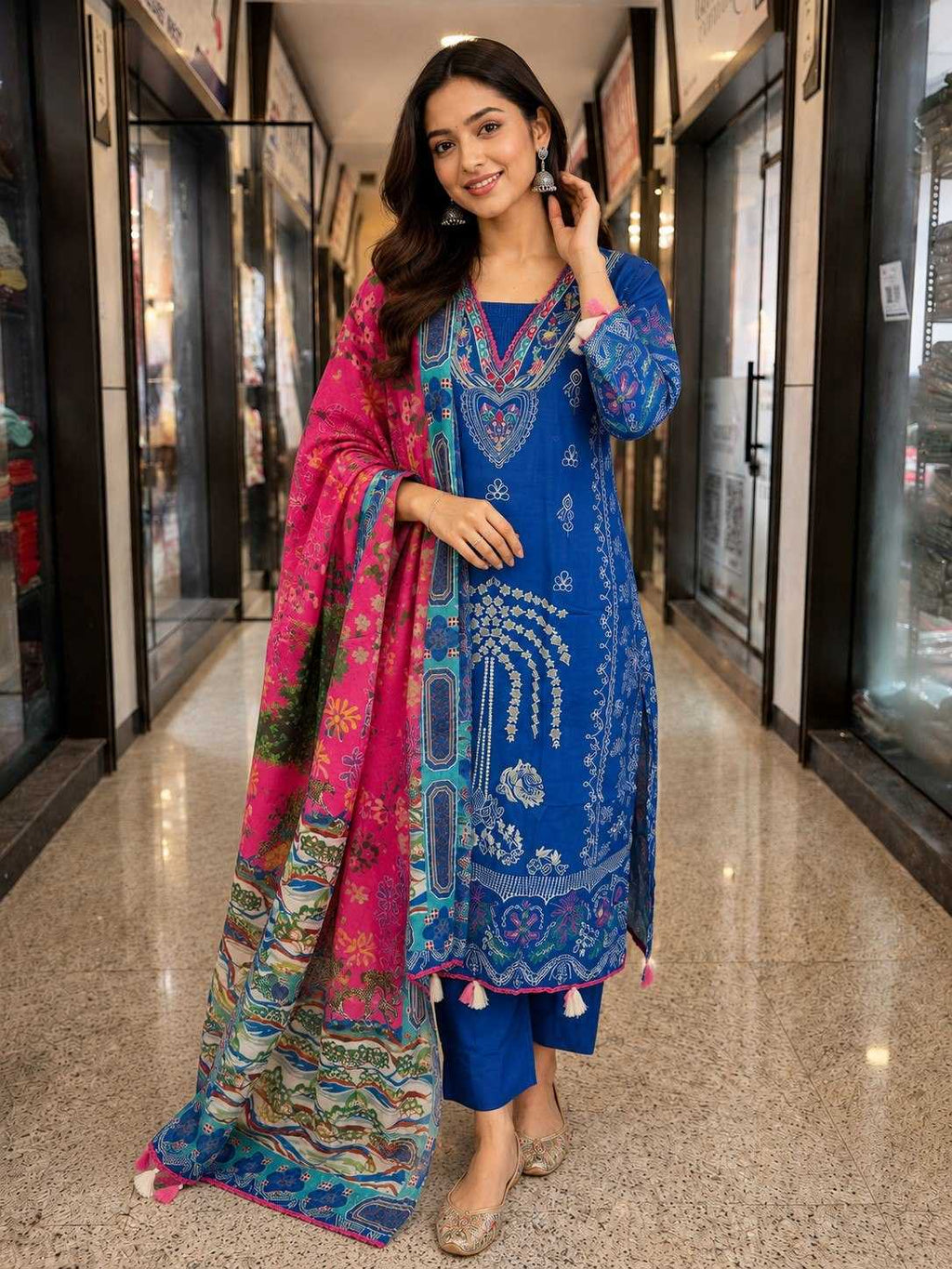 A woman models a vibrant blue printed kurta with matching blue pants and a bright pink dupatta with intricate multicolor patterns, standing in a commercial hallway.