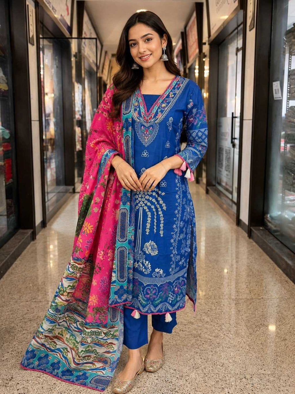 A woman models a traditional Indian salwar kameez suit in a hallway. The outfit features a royal blue kurta with intricate white and gold embroidery, matching blue trousers, and a vibrant pink dupatta with multicolor floral patterns.