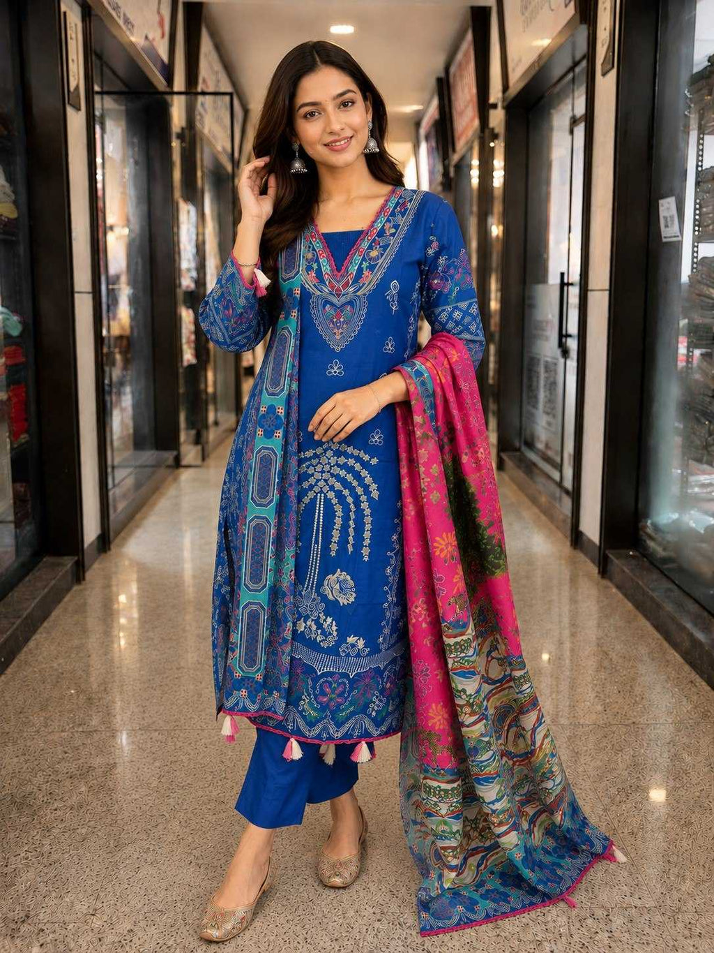 A woman modeling a vibrant blue ethnic salwar kameez suit with intricate white and green embroidery, paired with a bright pink and multicolor printed dupatta, standing in a commercial hallway.