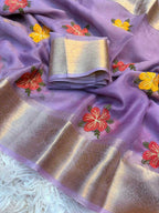 Purple saree with floral embroidery and Kanchipuram Organza fabric