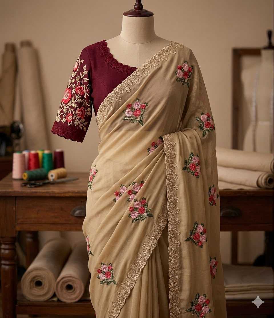 A beige sari with pink and green floral embroidery and a deep maroon embroidered blouse, displayed on a mannequin in a sewing studio setting.