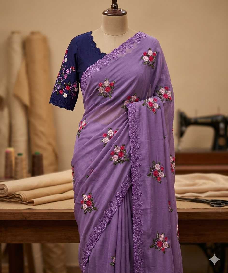A lavender purple saree with floral embroidery and a navy blue sleeveless blouse, displayed on a mannequin in a sewing room setting.