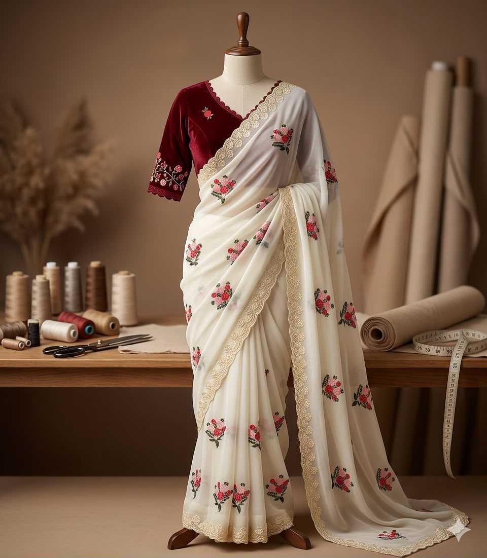 A cream-colored saree with pink floral embroidery and a deep maroon velvet sleeve, displayed on a mannequin in a warm, rustic sewing room setting.