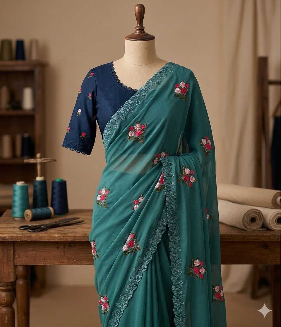 A teal green saree with pink and white floral embroidery and a navy blue blouse with matching floral motifs, displayed on a mannequin in a sewing studio setting.