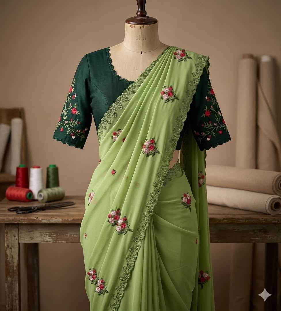 A light green saree with floral embroidery and a dark green embroidered blouse displayed on a dress form in a sewing studio setting.