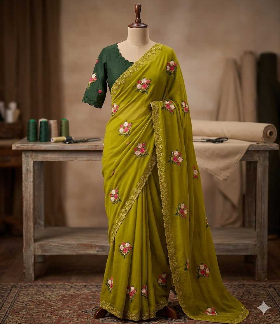 A yellow-green saree with pink floral embroidery and a dark green embroidered blouse is displayed on a mannequin in a rustic studio setting with a table and fabric rolls in the background.