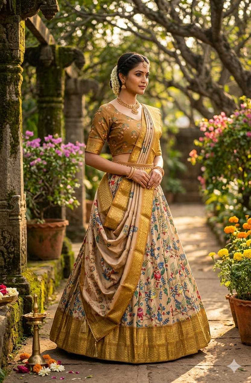 A woman stands outdoors in a garden path wearing an ornate traditional Indian lehenga choli outfit. The outfit features a rich gold and beige color palette with intricate floral patterns on the skirt and a heavily embroidered choli.