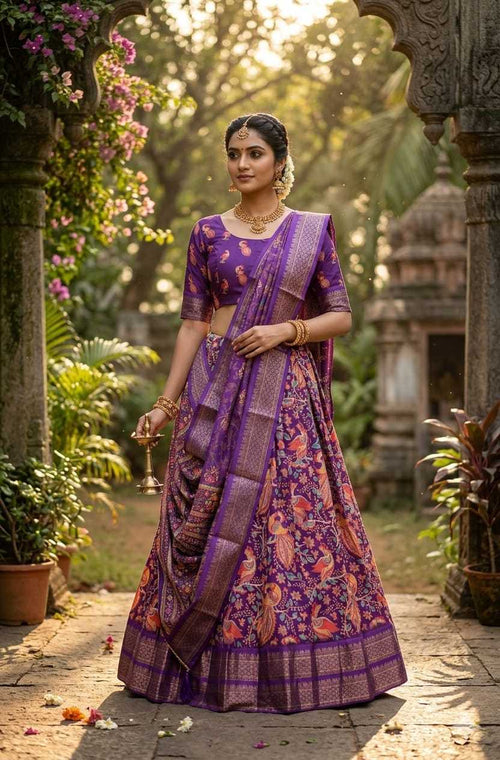 A woman wearing a purple and orange floral printed traditional Indian lehenga choli set stands in an outdoor garden courtyard with stone pillars and plants in the background.