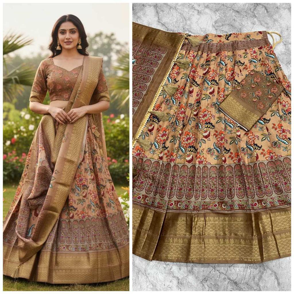 A traditional Indian ethnic outfit shown in a split view: a woman wearing a beige and brown floral lehenga choli with a gold border, standing outdoors, and a close-up of the skirt pattern and fabric details on a marble surface.
