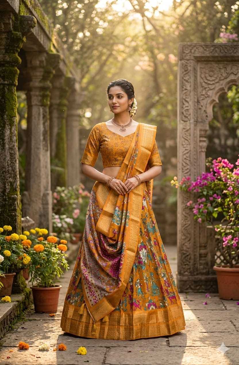 A woman stands outdoors in a garden courtyard wearing a traditional Indian outfit with a mustard yellow embroidered blouse and a matching skirt with a multicolored floral patterned sari. Stone pillars, potted flowers, and warm sunlight are visible in the background.