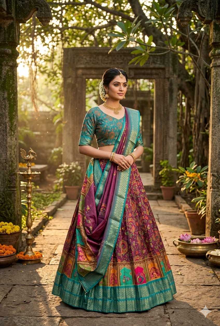 A woman stands in a sunlit garden corridor wearing an ornate traditional Indian lehenga choli. The outfit features a teal green blouse and a heavily embroidered skirt with purple, magenta, gold, and green patterns, along with a matching draped dupatta.