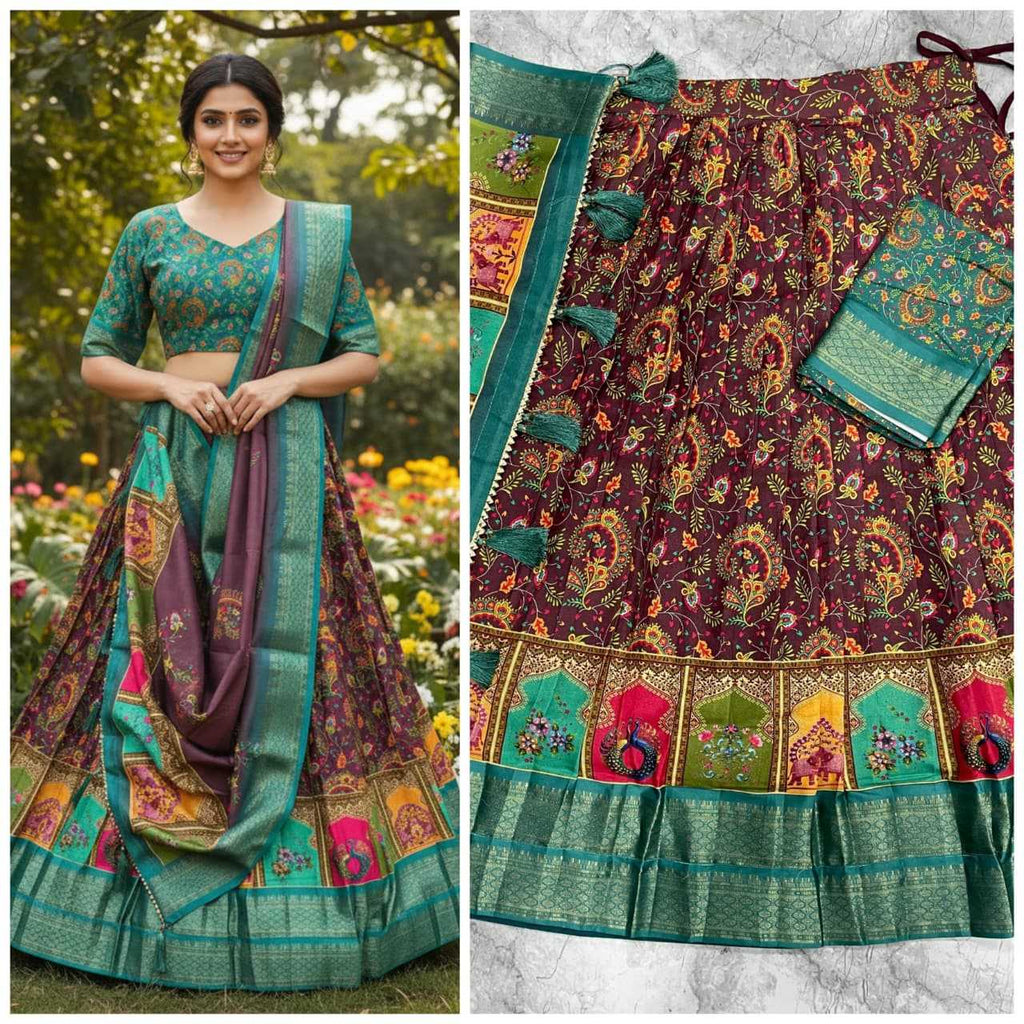 A woman wearing a traditional Indian ethnic outfit with a teal and purple patterned skirt, blouse, and dupatta, shown in a garden setting alongside a close-up of the garment's patterned fabric and border details.