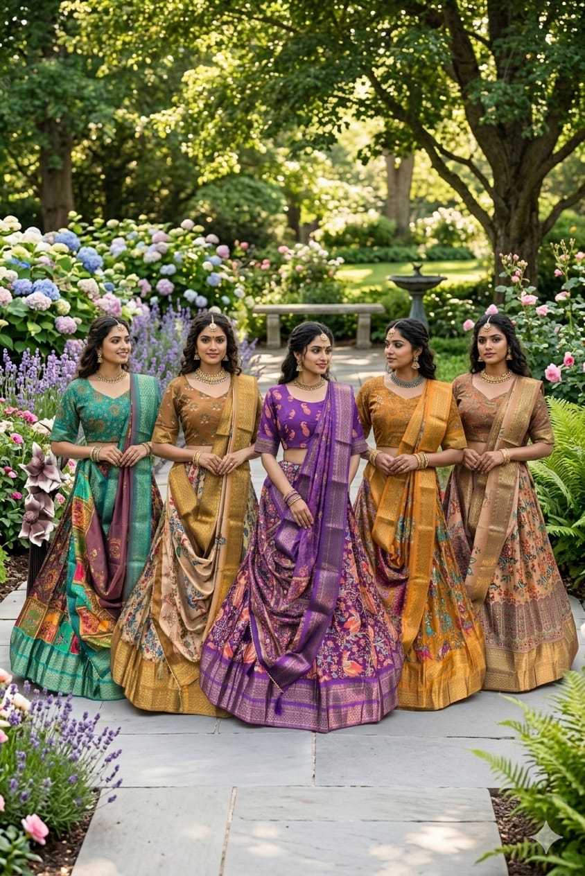 Five women standing together in a garden path, each wearing a traditional Indian saree in different colors: green, gold, purple, mustard yellow, and brown. The background features lush green trees and flower beds.