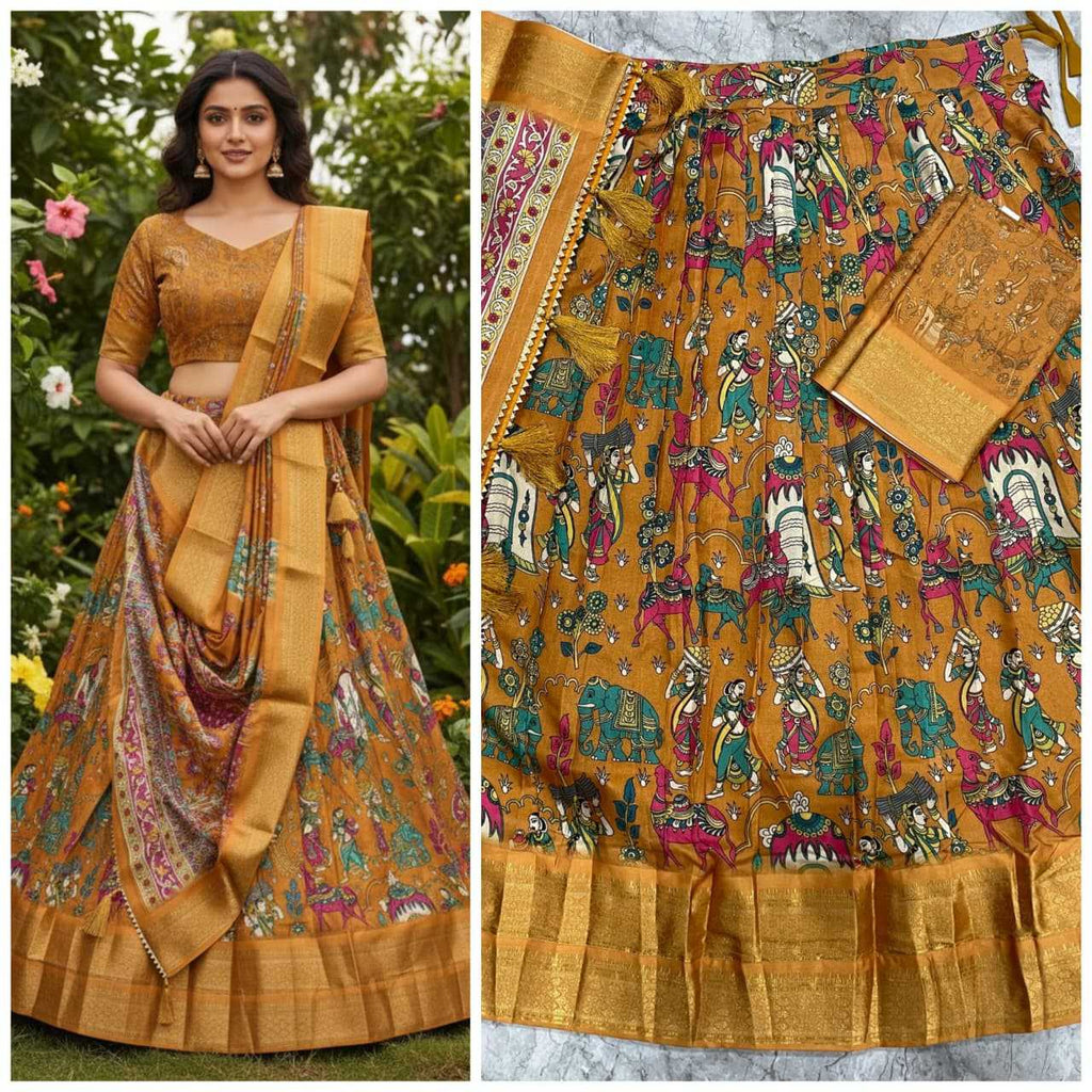 A woman wearing a mustard yellow printed traditional skirt set with a matching blouse, shown outdoors beside a close-up product view of the skirt and blouse. The fabric has colorful folk-art style illustrations and wide gold-toned borders.