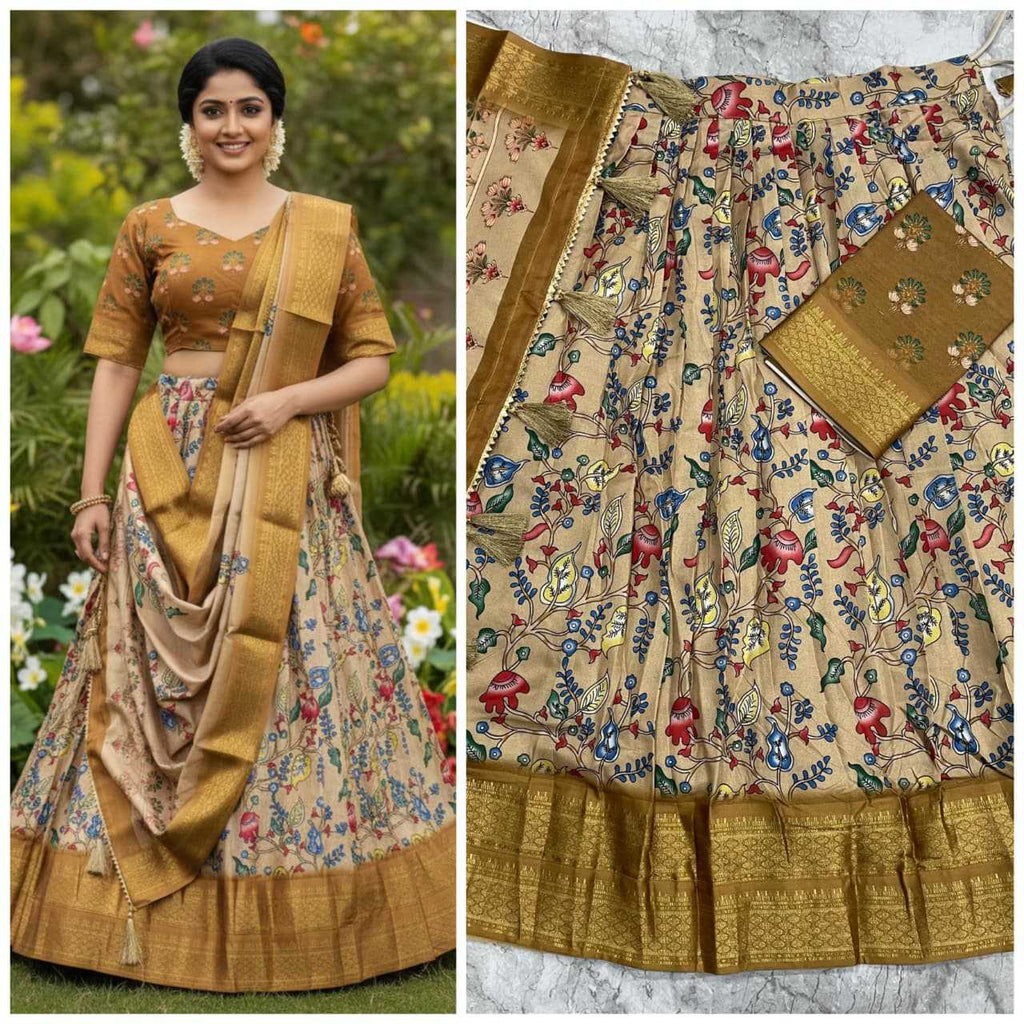 A beige and gold floral printed Banarasi georgette skirt set with a matching printed blouse and dupatta, shown both modeled outdoors on the left and laid flat on the right.