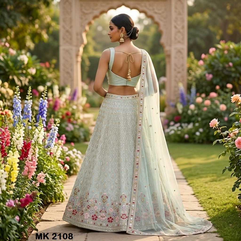 A woman stands in a garden wearing a light mint green embroidered lehenga choli set with a matching dupatta. The outfit features intricate floral embroidery and a floral border on the skirt and dupatta.