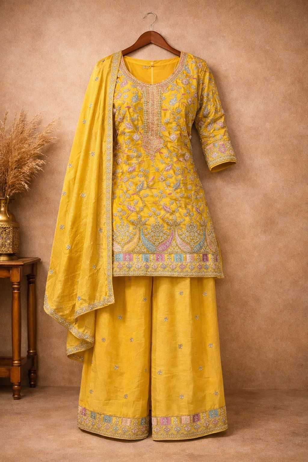 Naarira Chinon Yellow Embroidery Suit