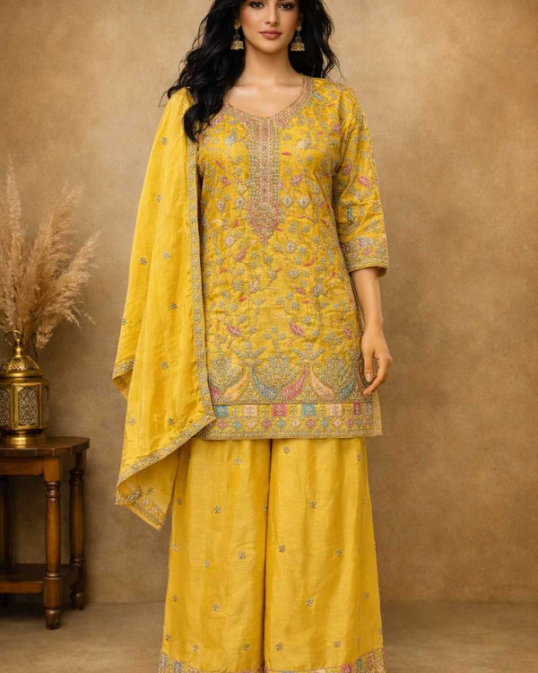 Naarira Chinon Yellow Embroidery Suit